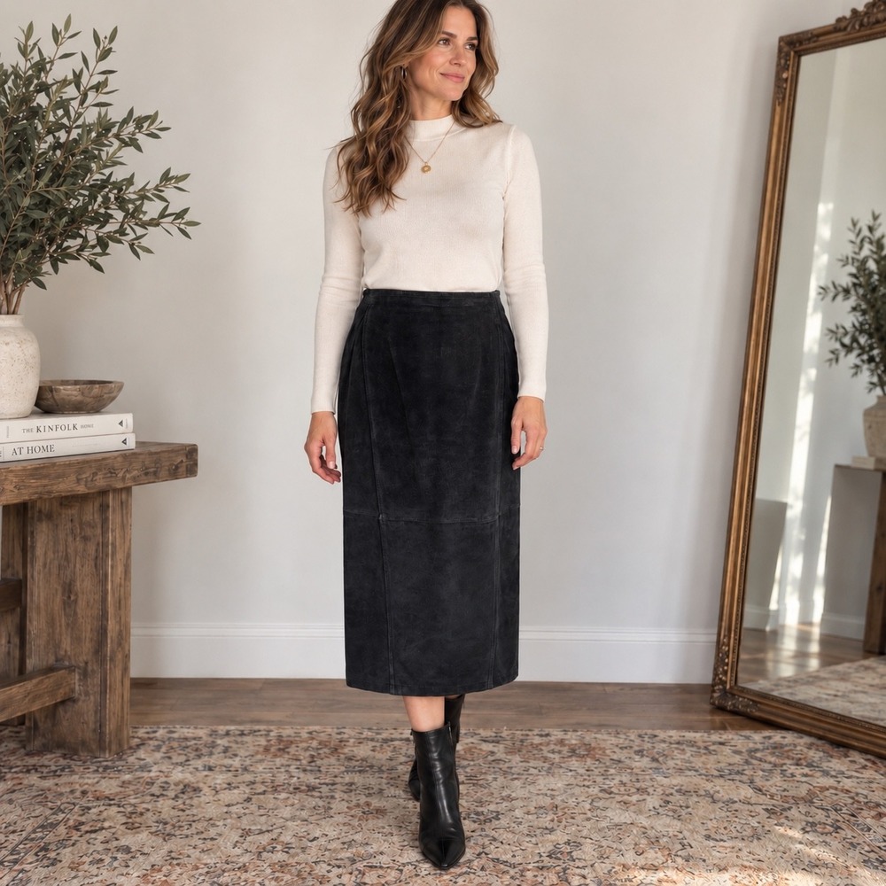 Vintage Brandon Thomas Black Suede Leather Midi Skirt Size 12 High Waist READ